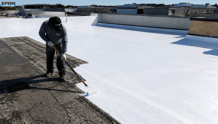 Professional roofer applying bright white silicone roof coating to a weathered EPDM rubber membrane.