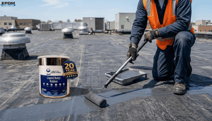 A close-up view of a professional roofer sealing a seam on a black EPDM rubber roof with a roller and seam tape to repair a leak.