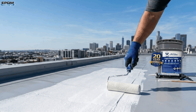 A professional roofer applies a white elastomeric coating to seal a seam on a flat TPO roof to prevent leaks.