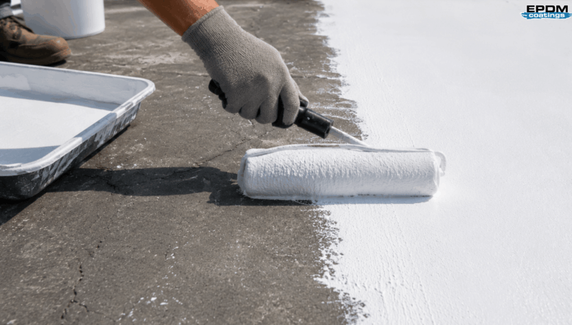 Liquid rubber roof coating being applied to create a durable waterproof roof surface