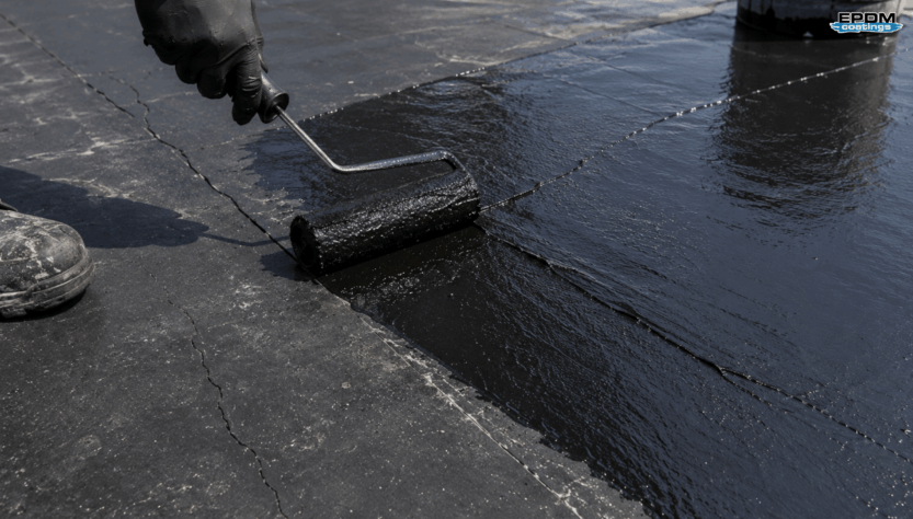 EPDM roof repair using liquid rubber roof coating to stop roof leaks and seal damaged roofing membranes