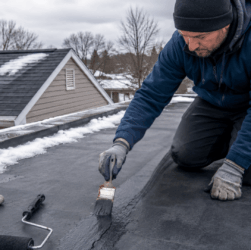 Rubber roof tear repair using sealant to protect a home from snow and water damage