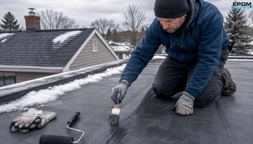 Rubber roof tear repair using sealant to protect a home from snow and water damage