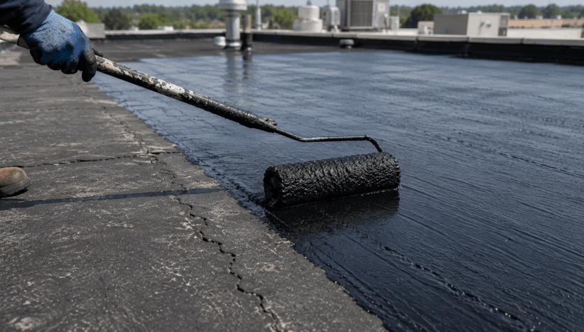 EPDM rubber roof repair with liquid coating to fix cracked seams and prevent leaks