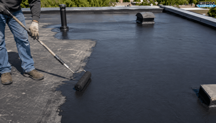 Worker applying liquid rubber coating to repair a leaking EPDM rubber roof without full roof replacement