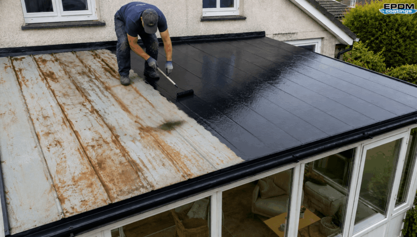 Professional applying waterproof roof coating to repair an old metal sunroom roof