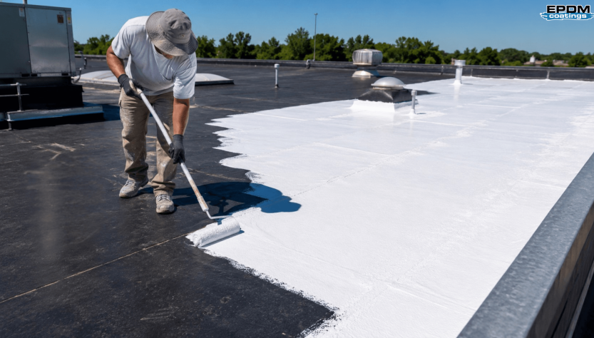 Worker applying white EPDM roof coating with a roller on a flat commercial roof